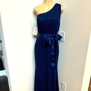 Juno navy one shoulder lace gown dress